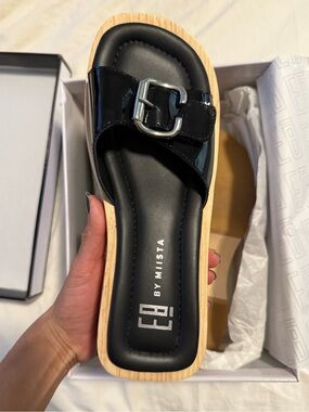 Miista Black Patent Buckle Wood-Effect Slide